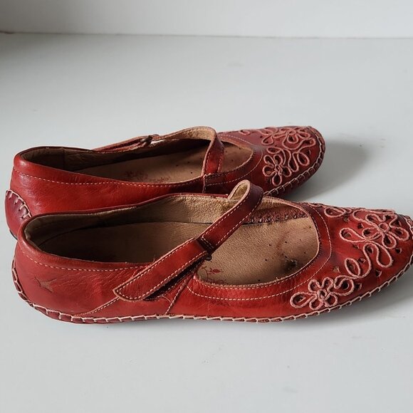 PIKOLINOS | Jerez Ballerina Flats Mary Jane Red Leather Laser Cut Sz 38 - Picture 3 of 5